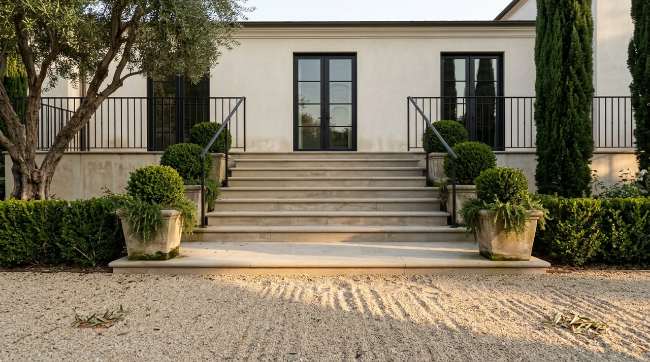 Limestone stairs rise between clipped topiary planters to a stucco terrace with black-framed French doors.