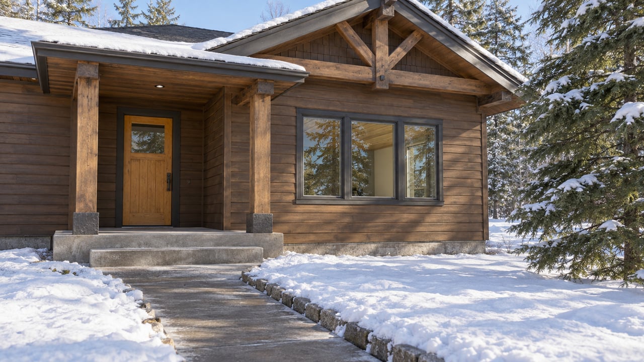 Winter sunlight on a wood-sided home with a covered timber entry, grouped windows, and a cleared concrete path through snow.
