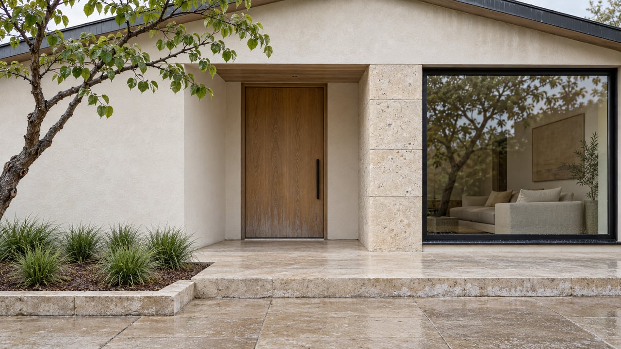 Covered contemporary home entry with an oak door, pale limestone steps, black-framed window and a redbud beside a raised planting bed.