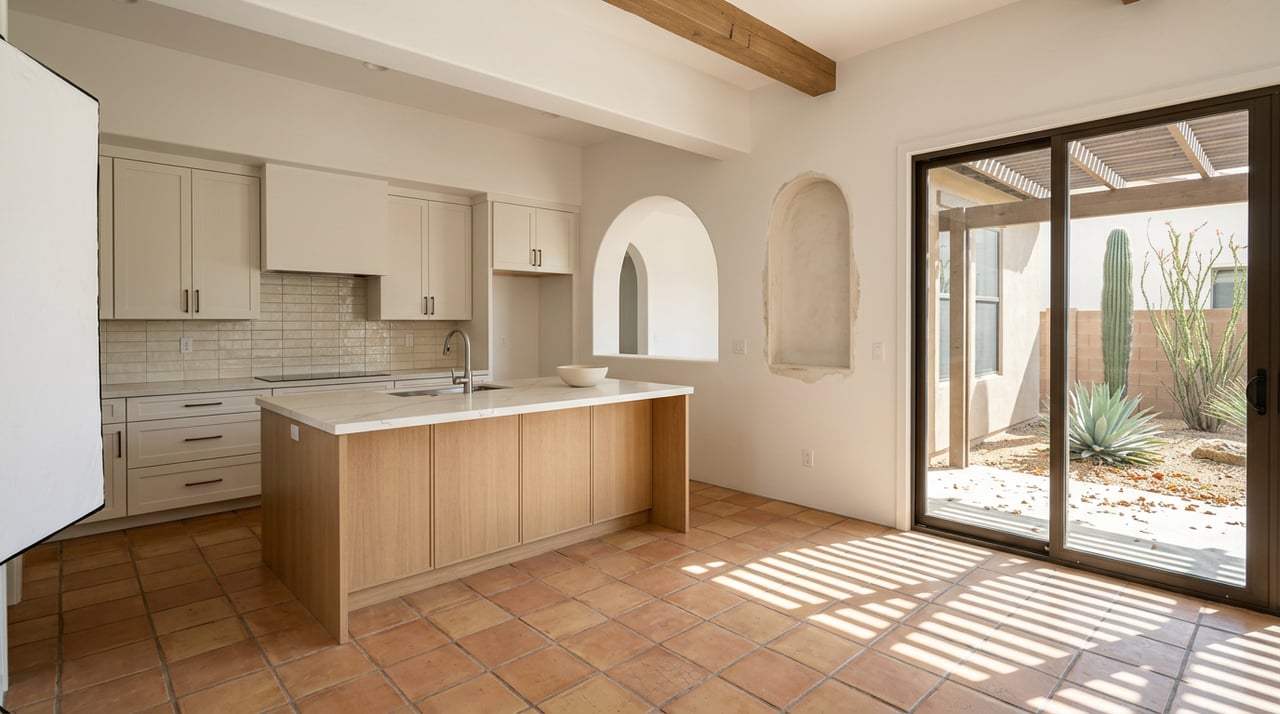 Great room with a quartz-counter kitchen, shaker cabinets, Saltillo tile, and a patio beyond sliding glass doors.