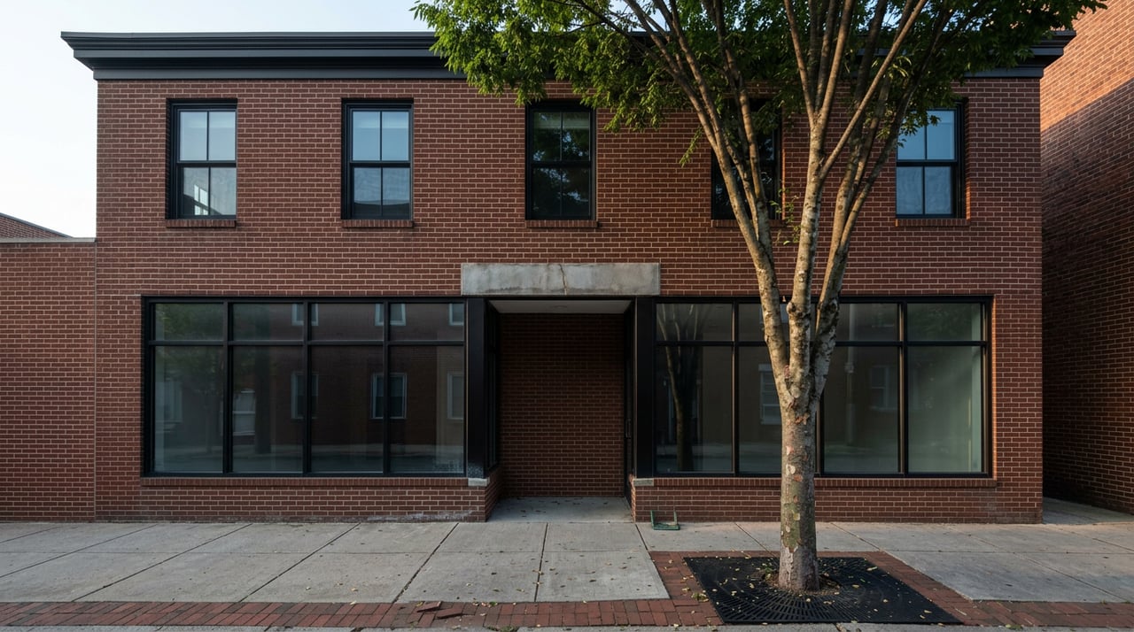Three-story red-brick building with black-framed windows, glazed ground floor, recessed entry, and a street tree.