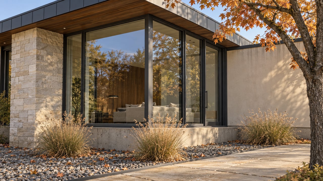 Autumn light grazes a limestone pier and steel-framed windows beneath a walnut soffit, with a copper-leaved maple beside the home.