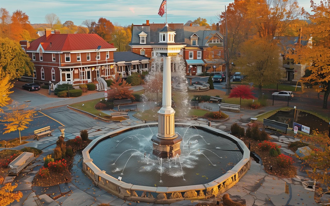 Town square fountain surrounded by brick buildings and autumn foliage