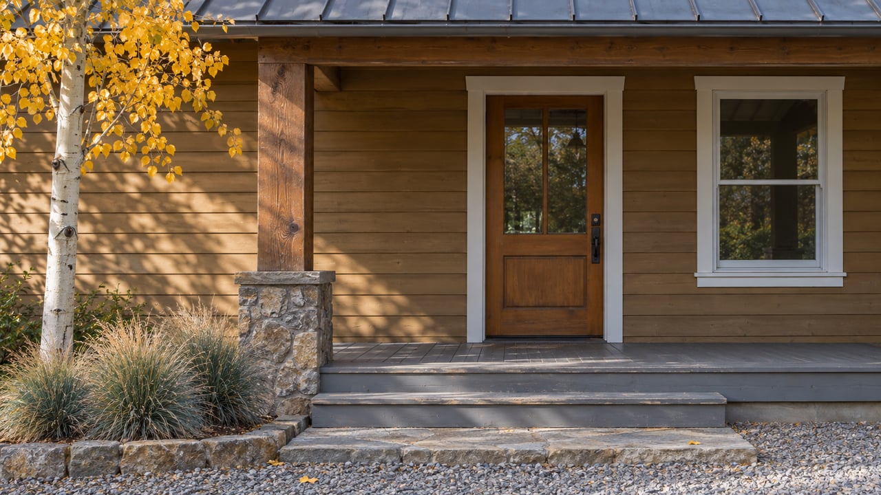 Autumn sunlight on an ochre wood-sided home with a timber porch, stone landing, gravel approach and golden aspen leaves.