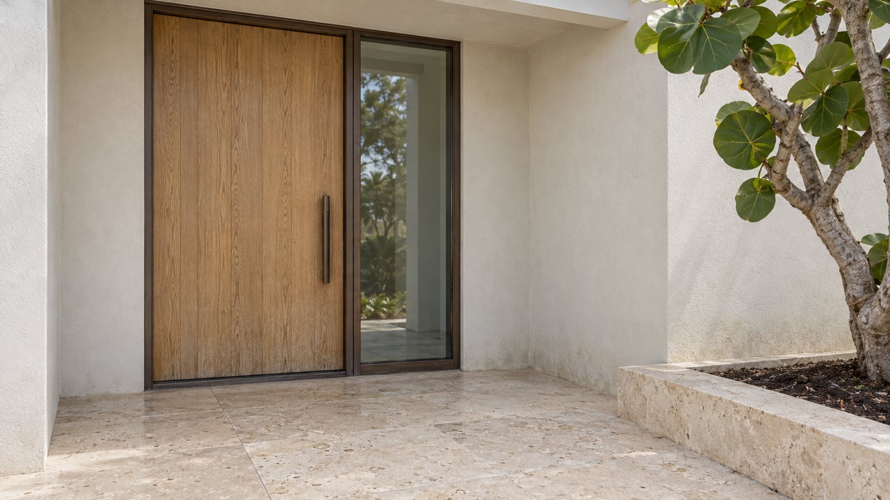 Recessed oak entrance with a bronze-framed sidelight, pale limestone approach and a sea-grape branch beside white stucco.