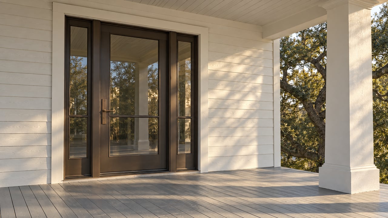 Warm afternoon light crosses a painted wood porch beside a white-sided home, bronze-framed glass entry and a live oak canopy.