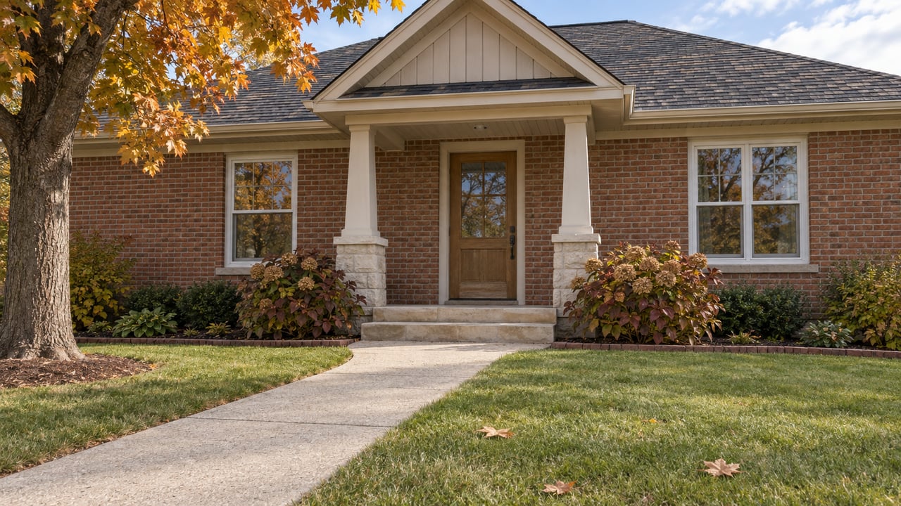 Brick home with a sheltered oak entry, limestone steps, a broad lawn and an autumn sugar maple.