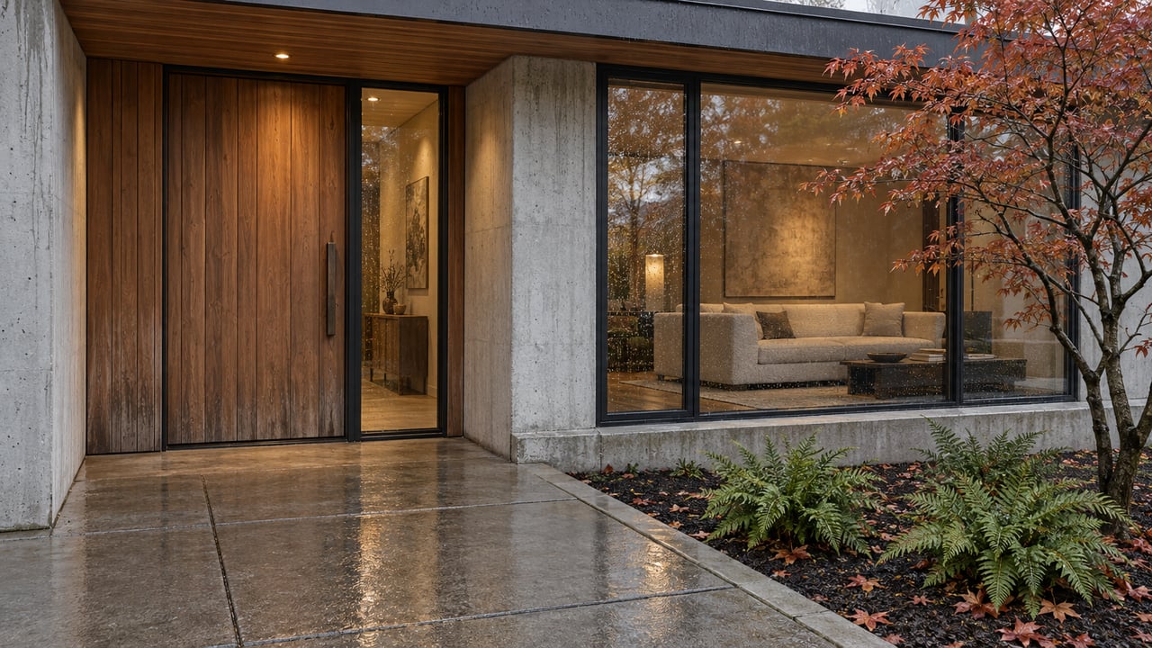 Rain-darkened concrete entry beneath a cedar soffit, beside a glazed living room and a copper-leaved maple in an edged fern bed.