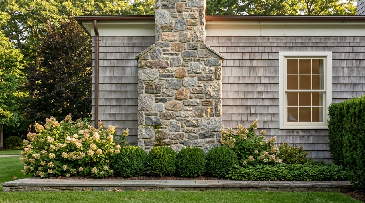 Fieldstone chimney meets silver-gray cedar shingles beside a divided-light window and pink-tinged hydrangeas.