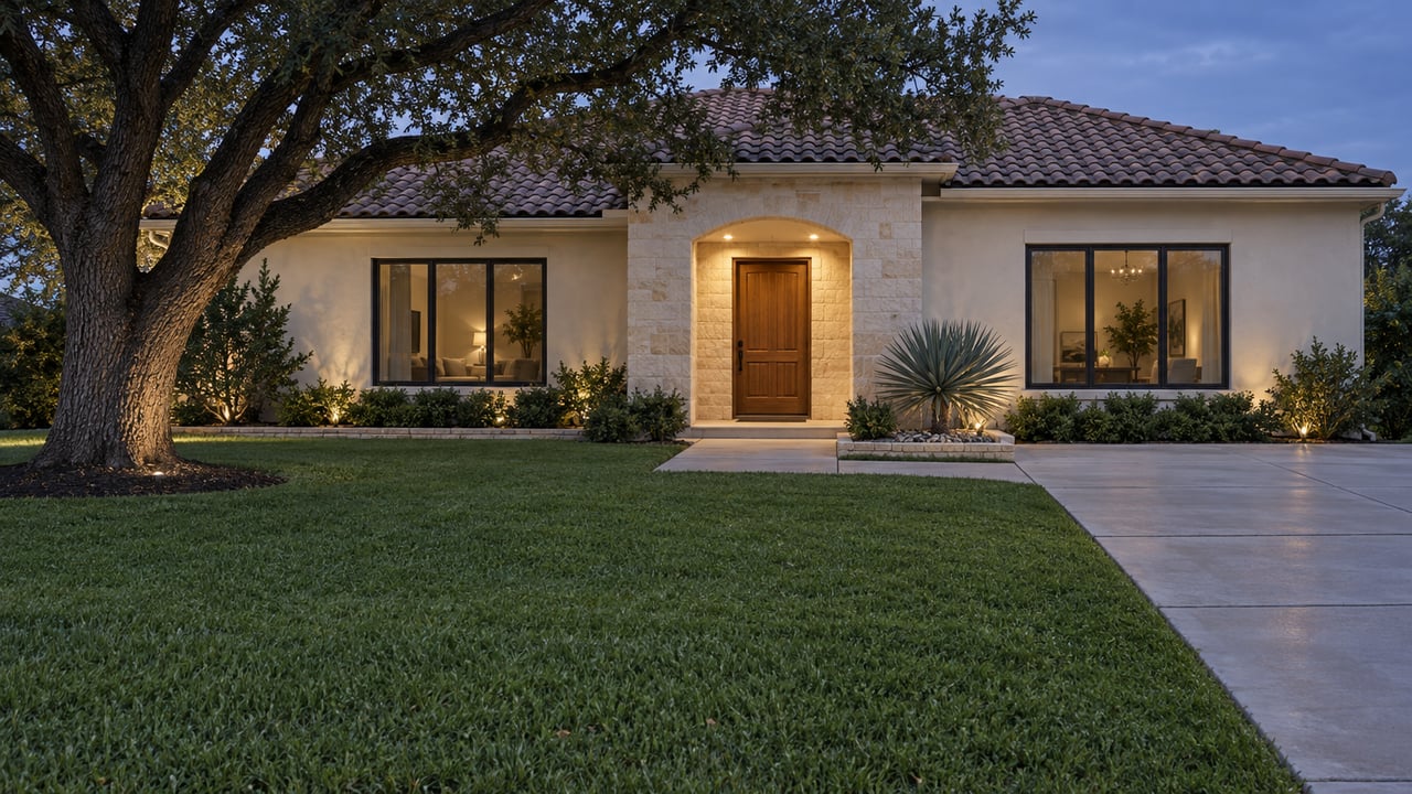Single-story home with a stone entry, tile roof, mature oak, and landscaped front lawn at dusk.