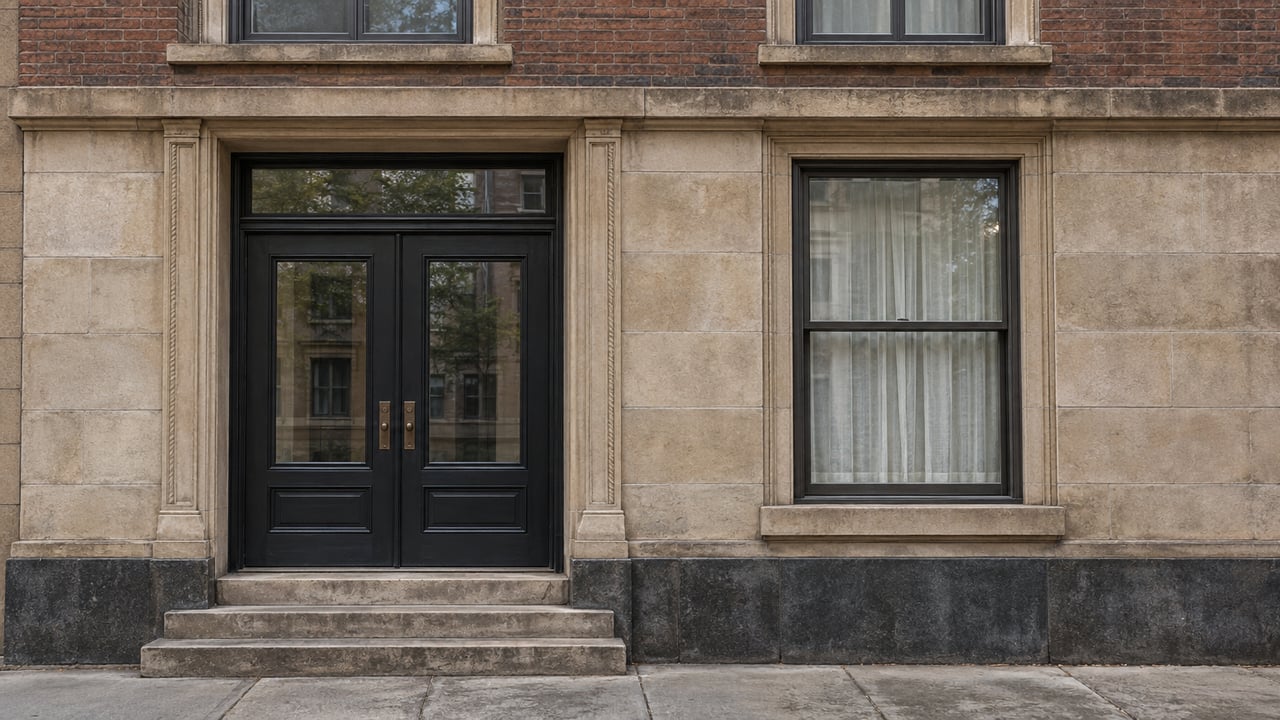 Recessed black paired entry beneath a transom, beside a curtained sash window in a brick facade.
