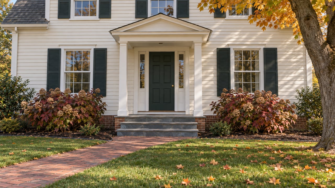 Autumn sunlight falls across an ivory clapboard home with a green front door, brick walk, and amber maple leaves.