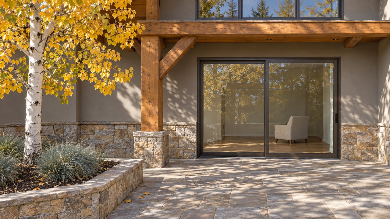Golden aspen beside a stone-paved residential courtyard, with exposed timber framing and closed glass doors in a two-story home.