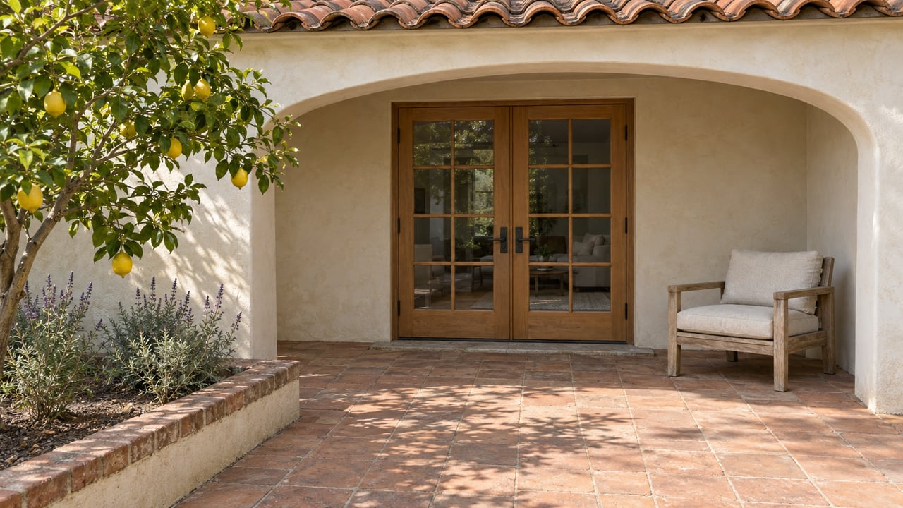 Sunlit terracotta patio beneath a pale stucco arch, with closed wooden glass doors, one cushioned chair and a lemon tree in a brick-edged bed.