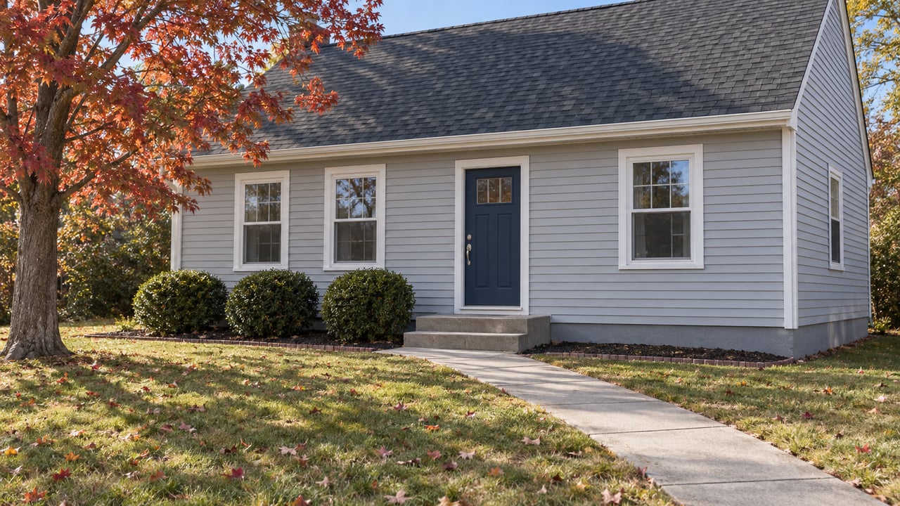 Pale gray gabled cottage with a navy front door, concrete walkway and copper-red maple above an autumn lawn.