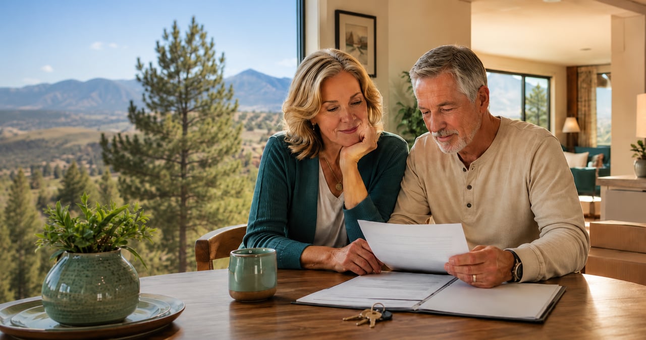 Couple reviewing downsizing plans in a Prescott Valley home with moving boxes and mountain views