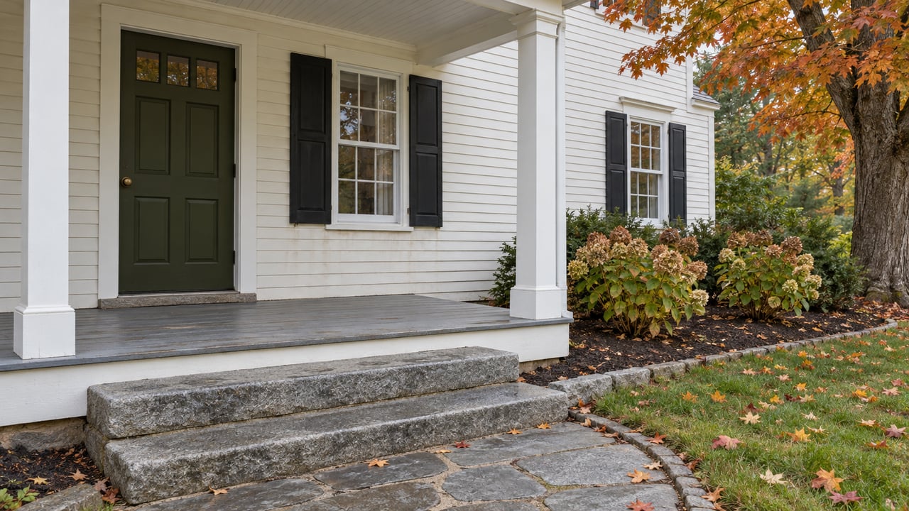 Covered clapboard home entry with an olive door, granite steps and autumn maple foliage.