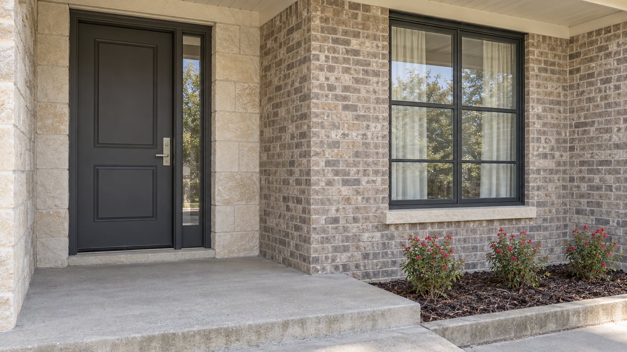 Covered home entry with gray-tan brick, pale limestone trim, a charcoal door, and red-flowering autumn sage beside a concrete landing.