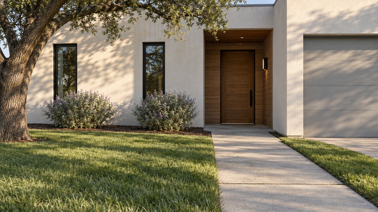 Off-white stucco house with a recessed wood entry, partial garage, concrete walk, and sculptural oak.