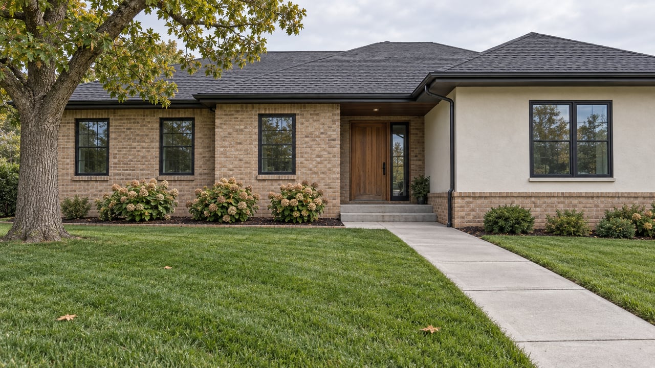 Broad brick-and-stucco ranch home with black-framed windows, a recessed cedar entry and a deep autumn lawn beneath an oak canopy.