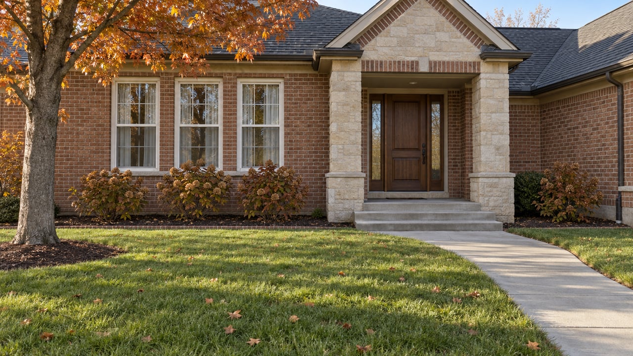 Brick home with a limestone entry, dark gabled roof and a deep lawn framed by autumn sugar maple and oakleaf hydrangeas.