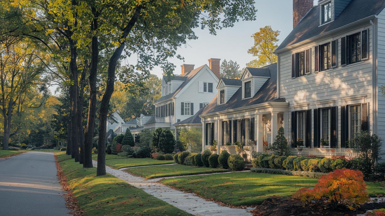 White colonial-style houses with dark shutters line a tree-shaded suburban street.