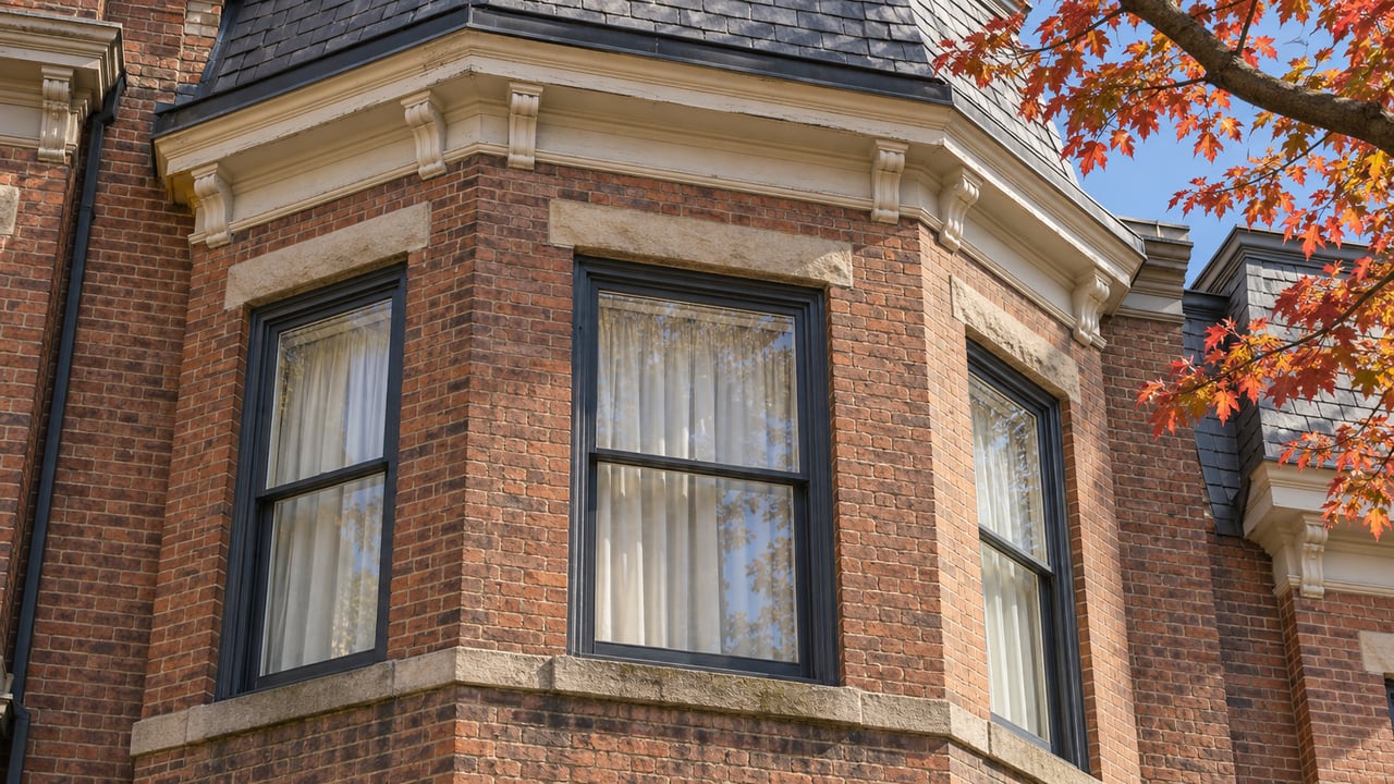 Sunlit russet brick bay windows beneath a pale cornice and slate roof, framed by a red maple branch with autumn leaves.