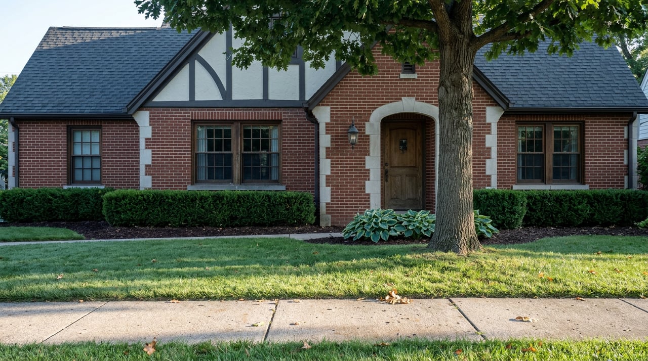 Brick-and-limestone house with gabled roof, arched entry, clipped hedge, lawn, sidewalk, and overhanging oak canopy.