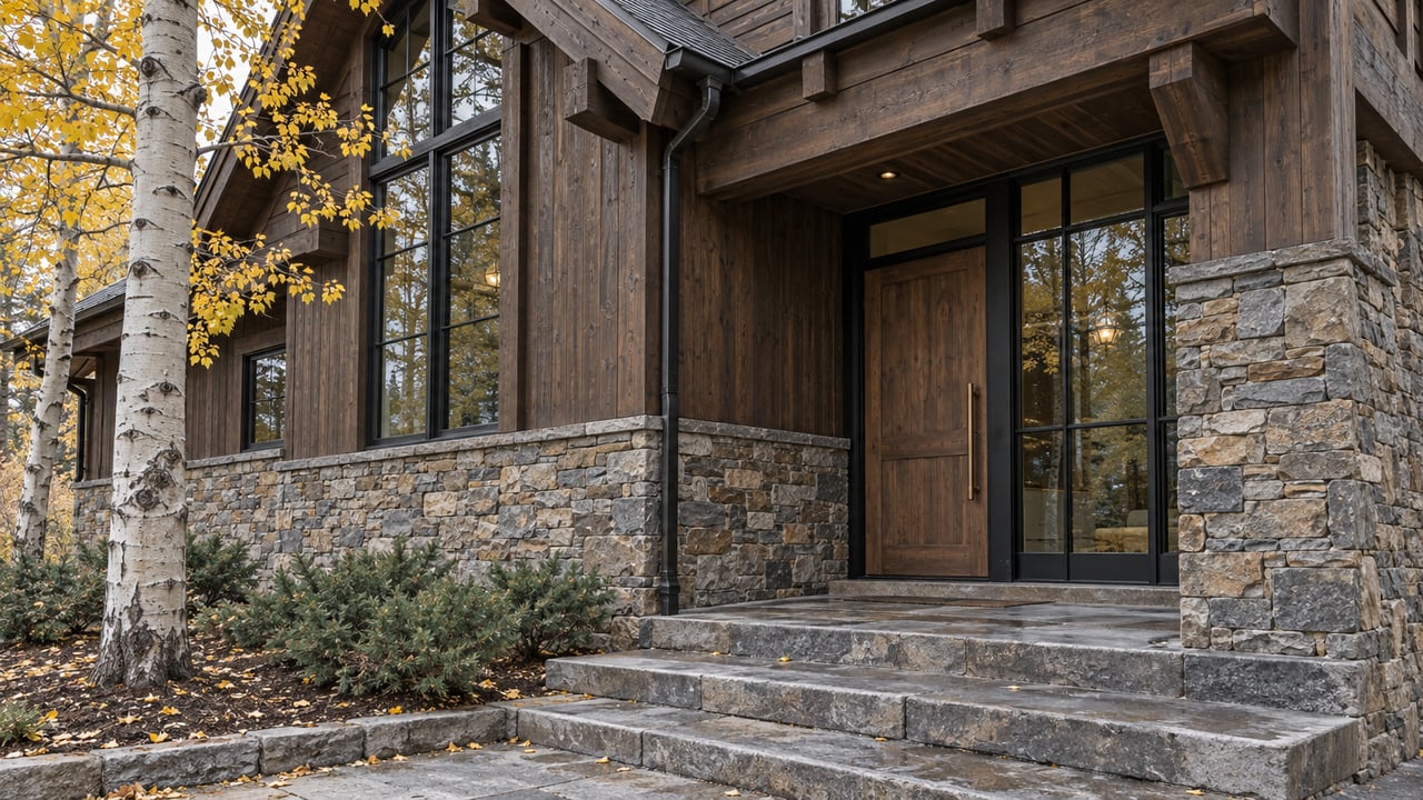Mountain house entry with dark timber siding, stacked-stone base, broad steps, and a yellow-leaved aspen.