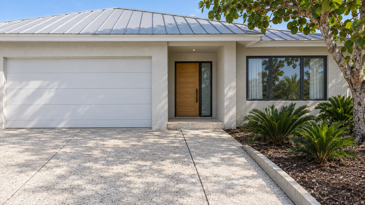 Sunlit pale stucco home with a metal gable roof, recessed wood entry, shell-aggregate driveway and a sculptural sea grape tree.