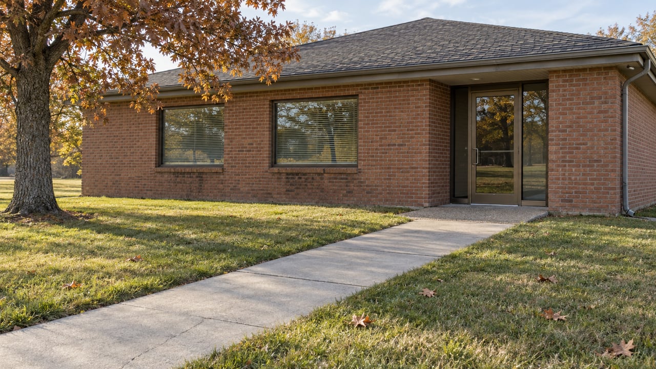 A modest brick office with a concrete approach across an autumn lawn beside a mature white oak.