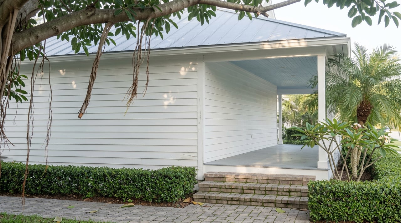 White cottage porch beneath a sweeping banyan canopy, with hanging aerial roots, a clipped hedge, and paver steps.