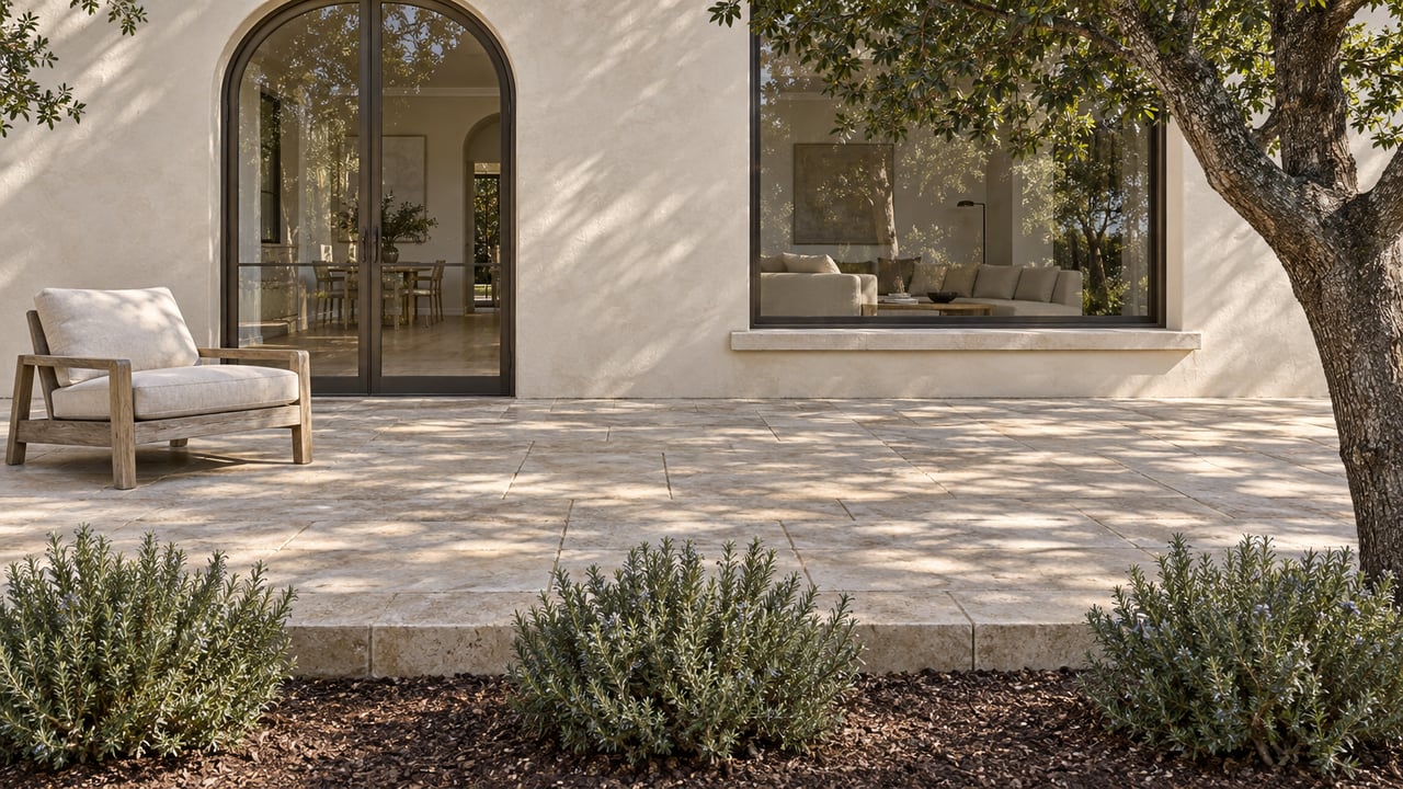 Cream-plaster home with bronze-framed arched glass doors overlooking a weathered limestone terrace and a mature oak.