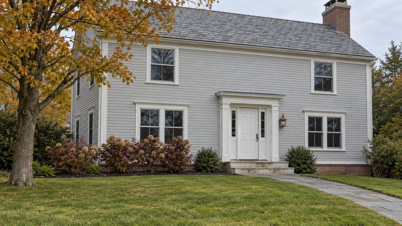 Pale clapboard house with white-trimmed windows, a brick chimney and a bluestone approach across an autumn lawn.