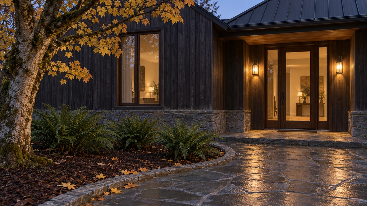A dark cedar gabled home at dusk, with warm entry sconces, a curved stone path, and golden maple leaves.