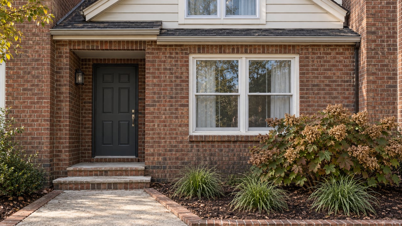 Brick townhouse entry with ivory siding, a charcoal door and an oakleaf hydrangea beside the short walkway.