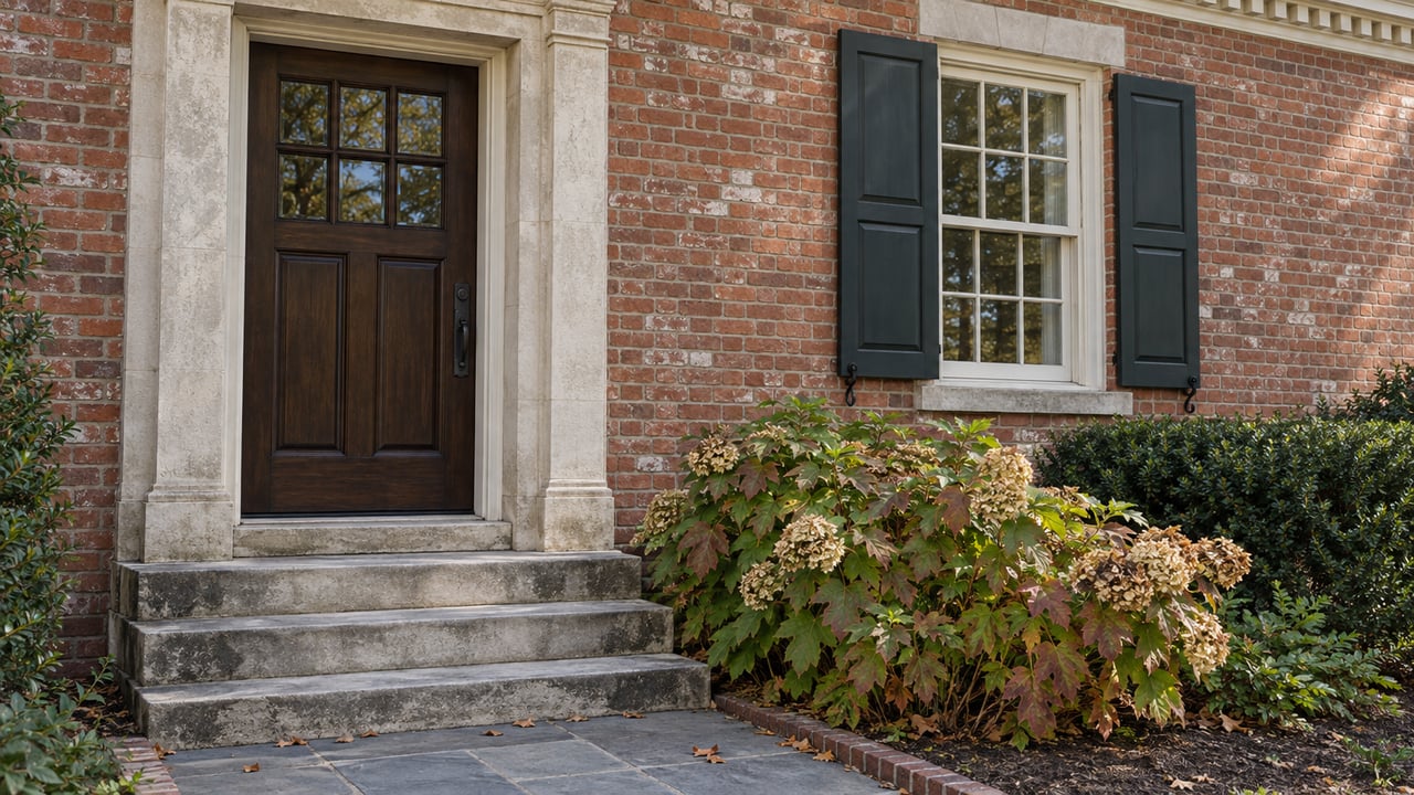Dark timber entry in a limestone surround beside a shuttered sash window, with worn stone steps and coppering hydrangea.