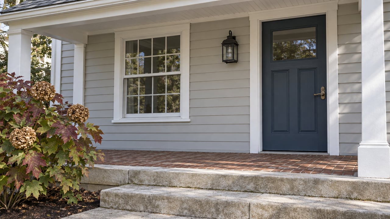 Covered entry with pale clapboard siding, a blue paneled door, white sash window, brick porch floor and worn limestone steps beside autumn oakleaf hydrangea.
