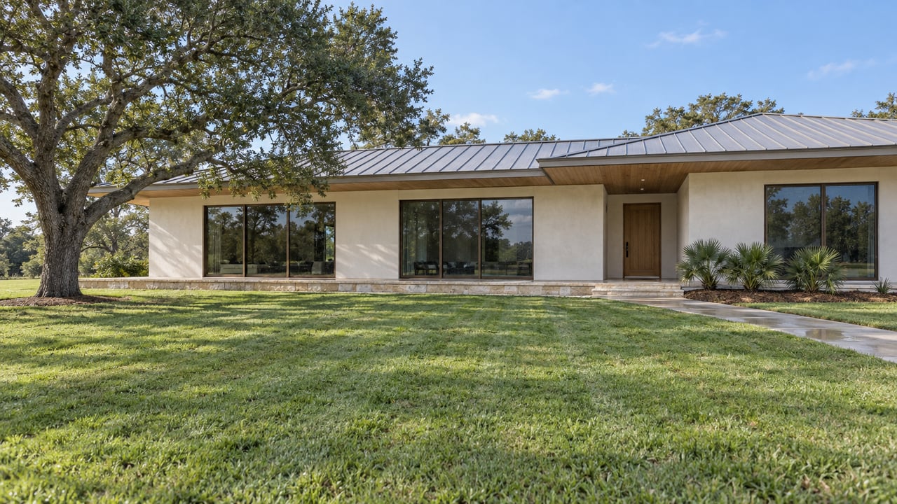A low contemporary home beyond a broad lawn, with limestone porch paving and a mature spreading oak.