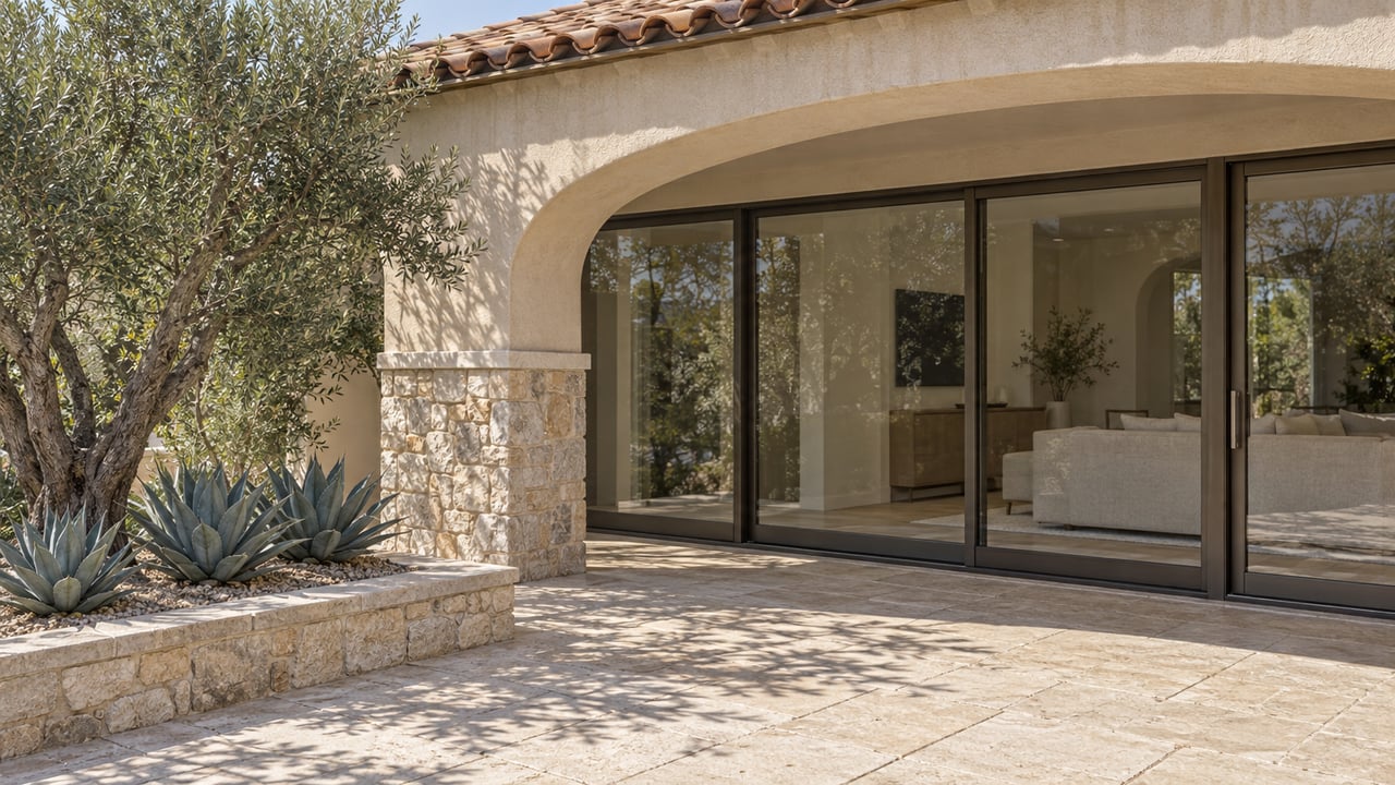 Sunlit sand-stucco terrace with an arched opening, closed bronze-framed glass doors, limestone paving and an olive tree in a raised stone bed.
