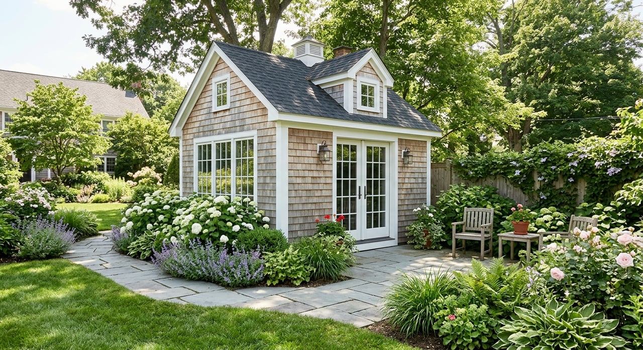 Pale gray shingled garden outbuilding with black divided-light windows, bluestone path, and clipped greenery.