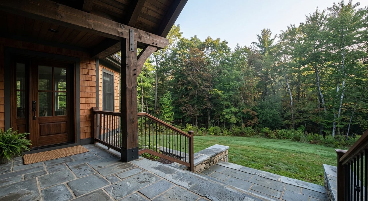 Covered bluestone porch with cedar lounge chairs, granite steps, and a lawn bordered by dense forest.