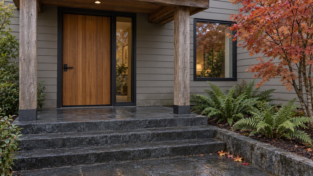 Covered cedar entrance with gray siding, basalt steps and copper-red maple leaves beside a fern-planted bed.