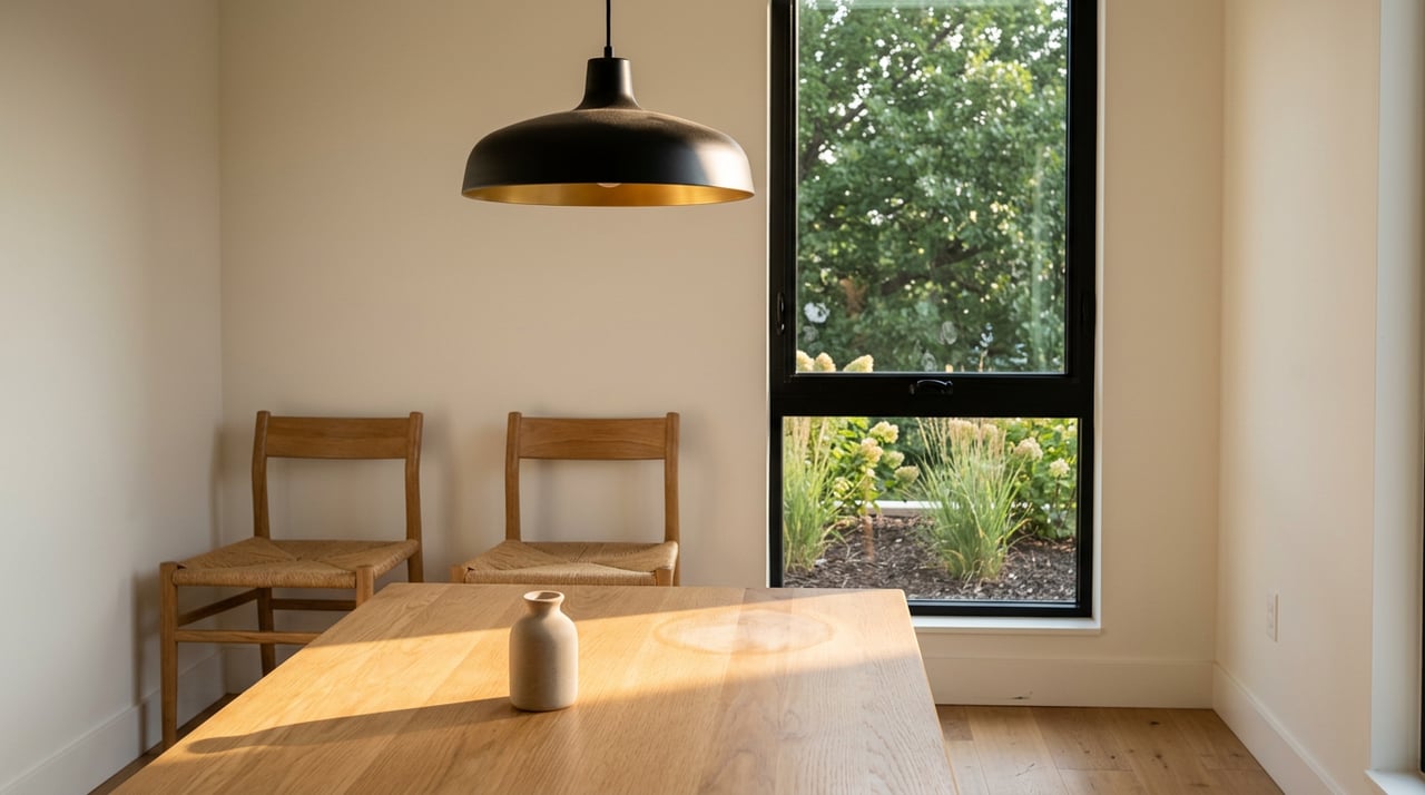 Oak dining table with a sunlit grain, two chairs, and a black pendant beside a leafy window.