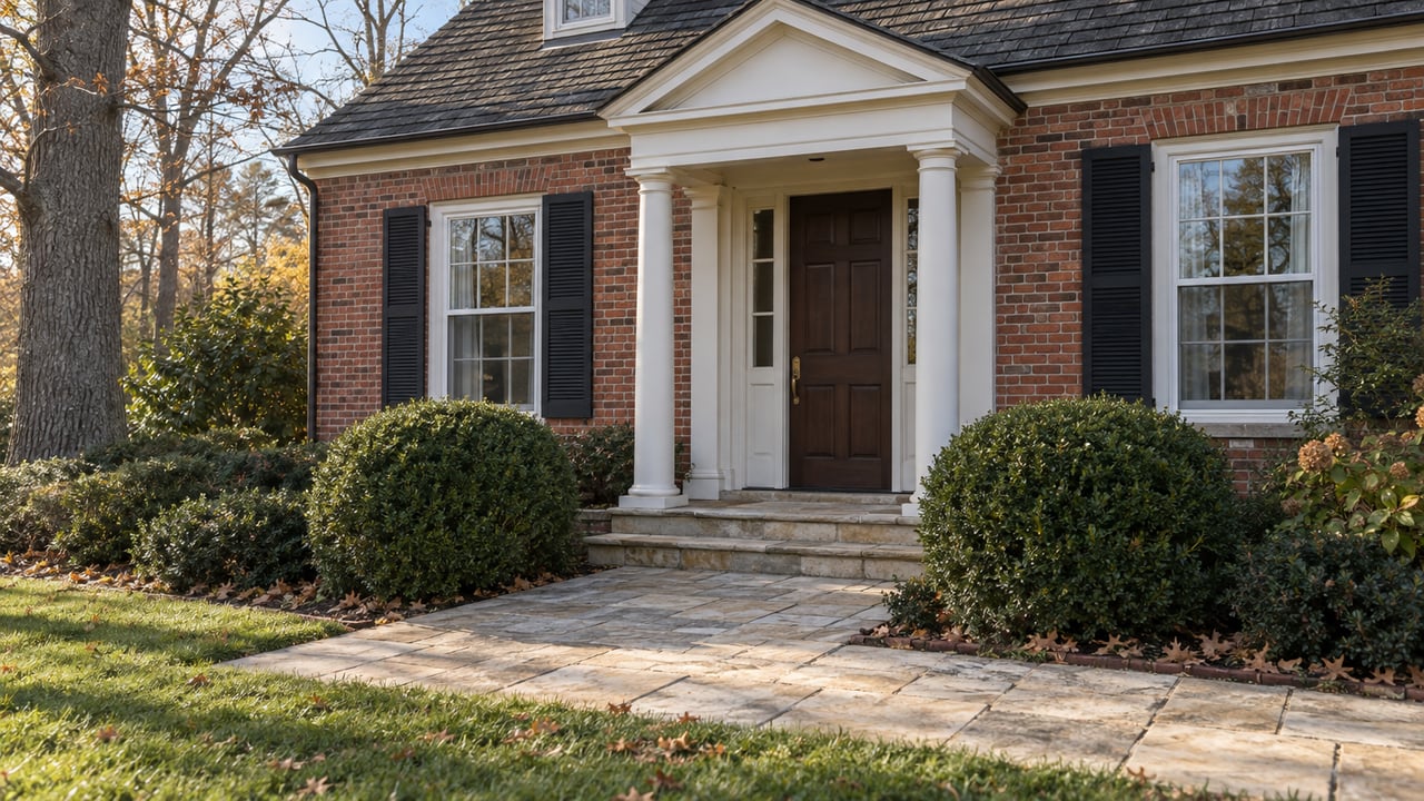 Traditional brick house with a white-columned portico, dark wood door, limestone path, and autumn leaves.