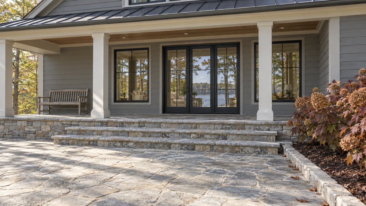Sunlit stone terrace and covered porch with gray siding, paired glass doors, a teak bench and burgundy oakleaf hydrangeas.