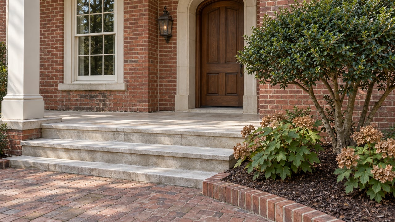 Red-brick house with an arched oak entry, limestone porch steps, and a raised-edge planting bed beside a clay-paver approach.