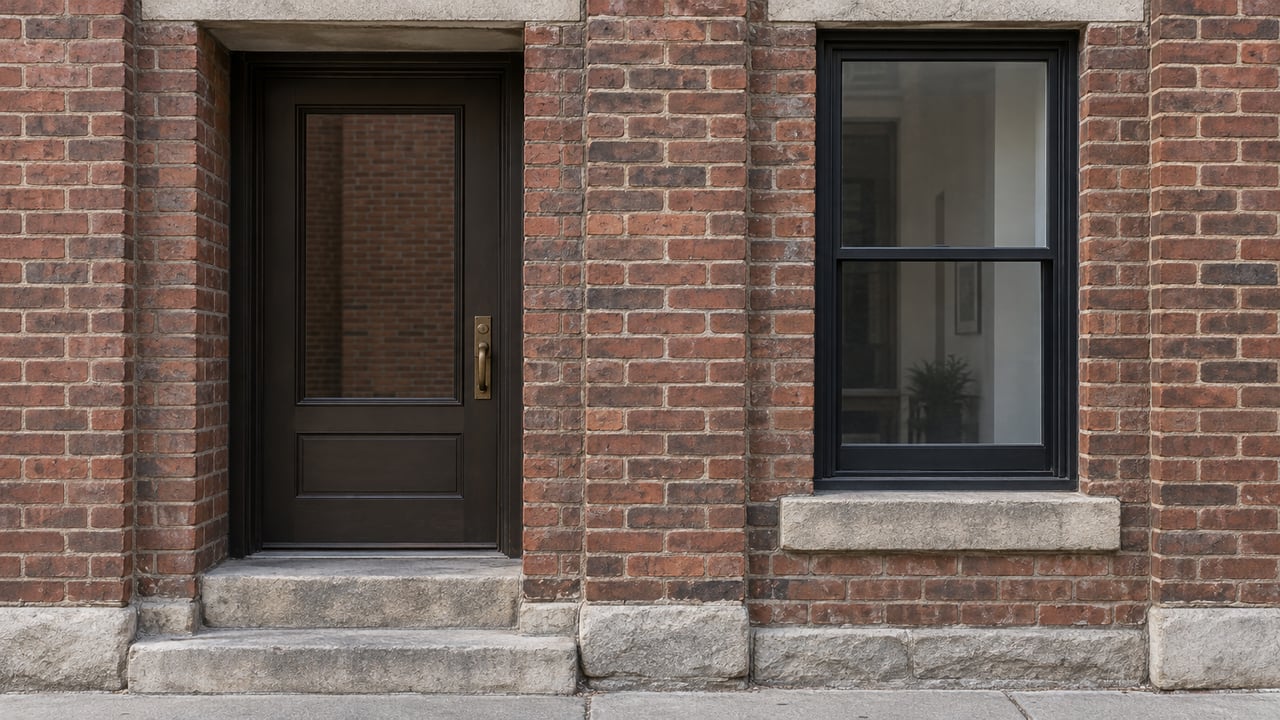 Recessed bronze-glazed door and tall black-framed window in a red-brown brick facade