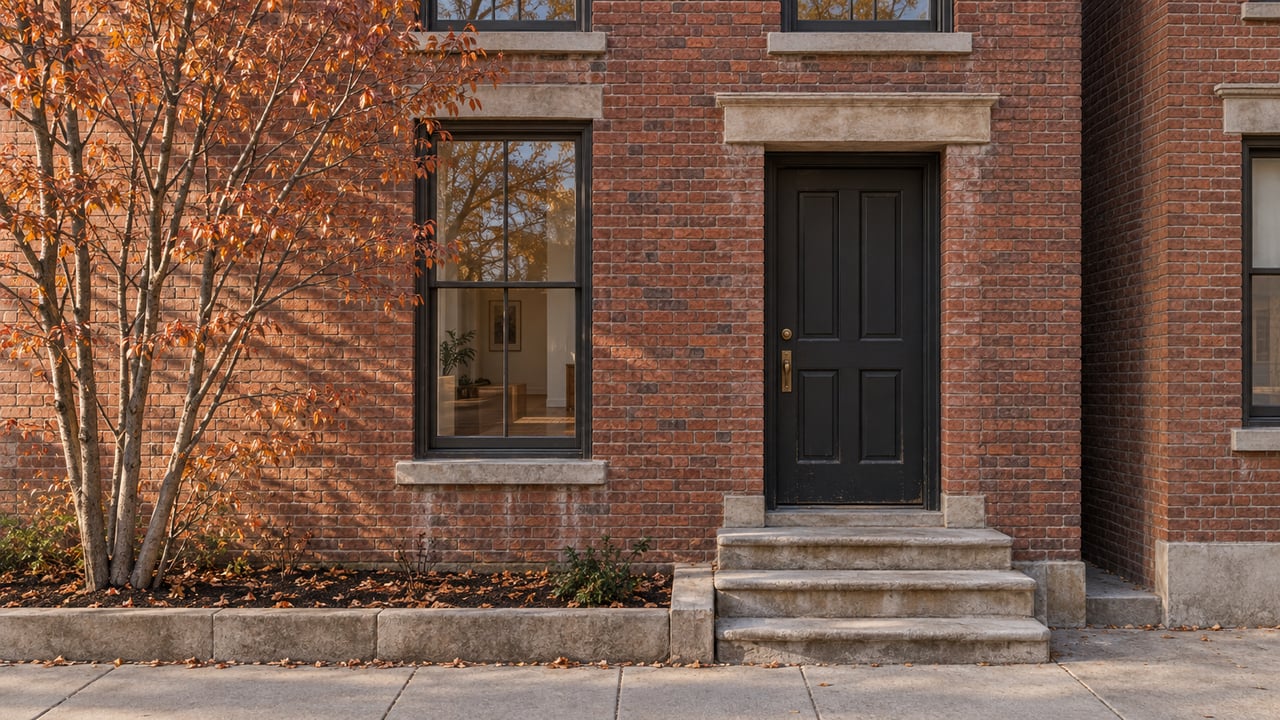 Red-brick townhouse with a black entry door, limestone stoop, and sparse copper-orange leaves.