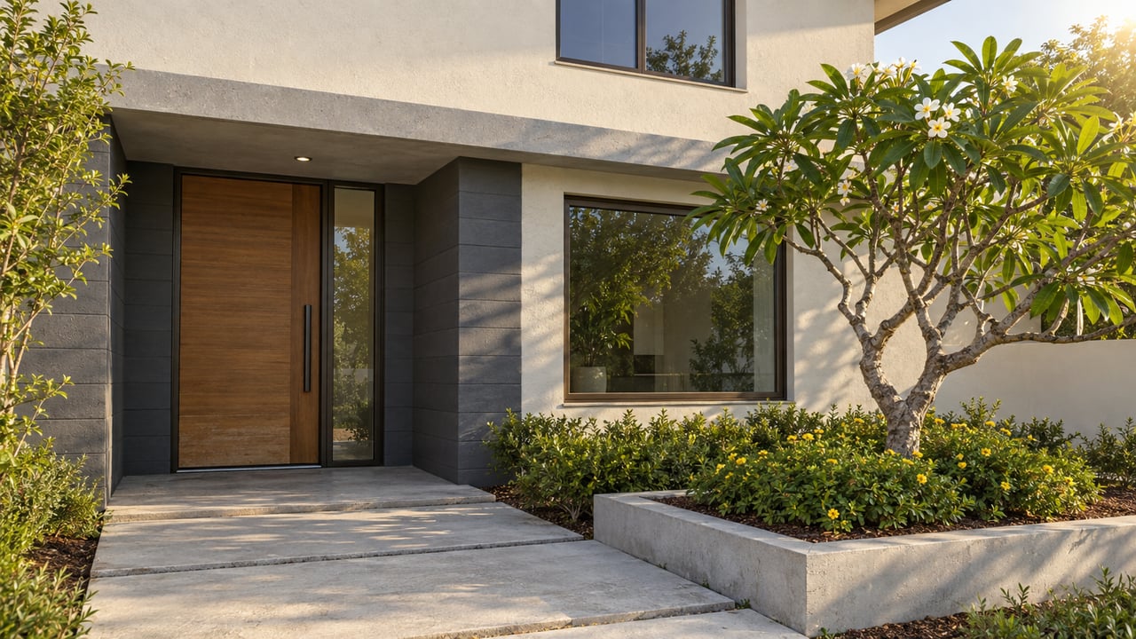Compact two-story home with a recessed wood entry, concrete approach slabs, and a flowering plumeria in a raised planter.